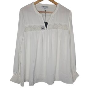 Cezele Womens White Floral Lace Sheer Panel Pink Tuck Blouse Size Large